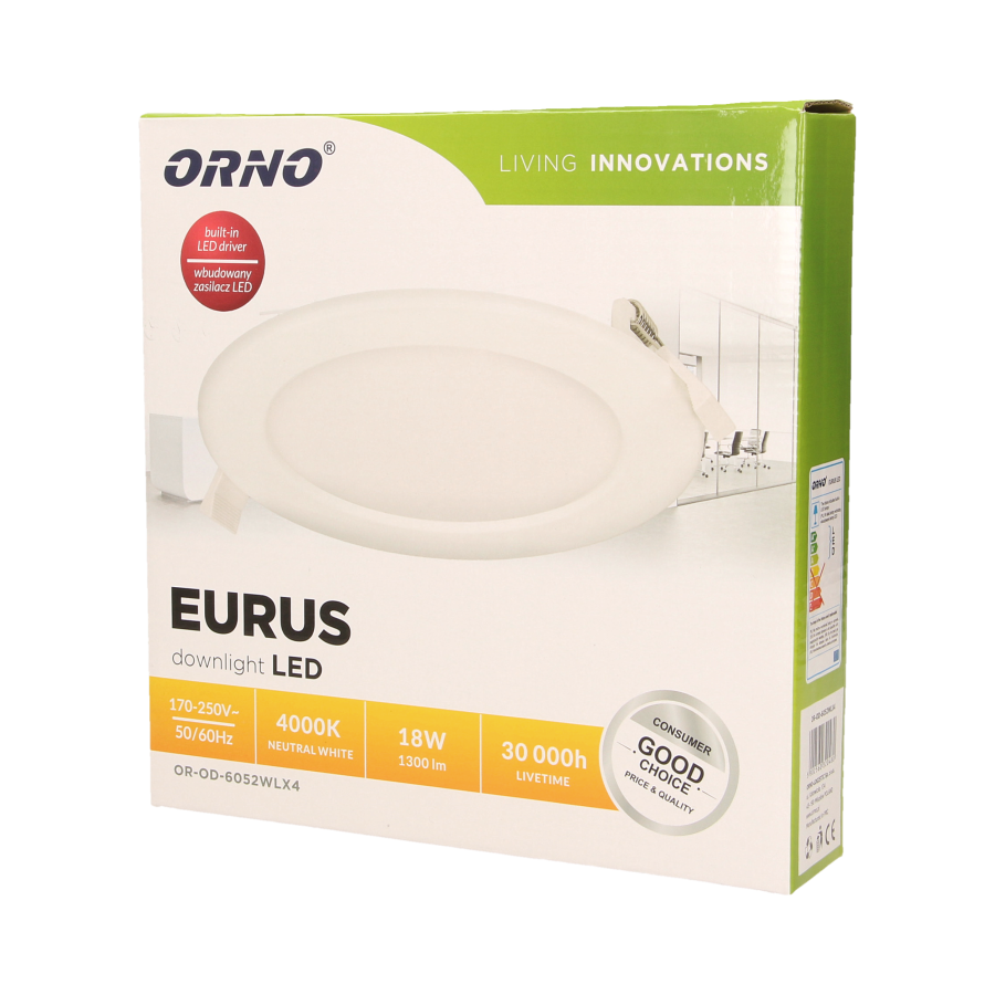 Flush mounted LED downlight EURUS, 18W, 4000K