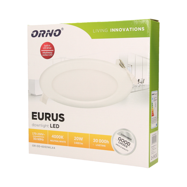 EURUS LED 20W, oprawa downlight, podtynkowa, okrągła, 1400lm, 4000K, biała, wbudowany zasilacz LED