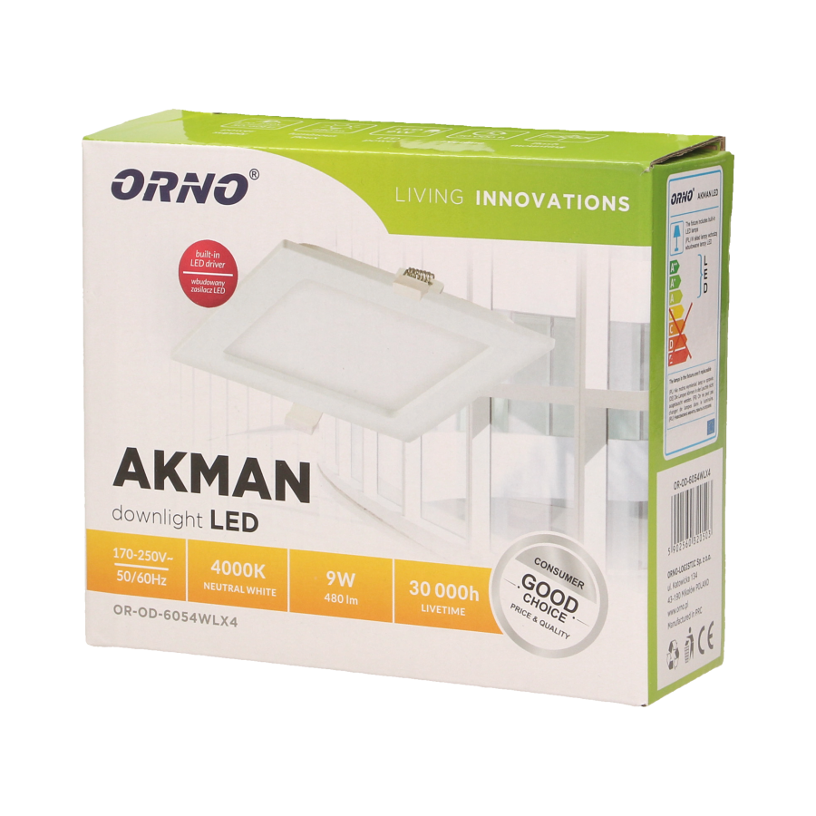 AKMAN LED 9W, oprawa downlight, podtynkowa, kwadratowa, 480lm, 4000K, biała, wbudowany zasilacz LED