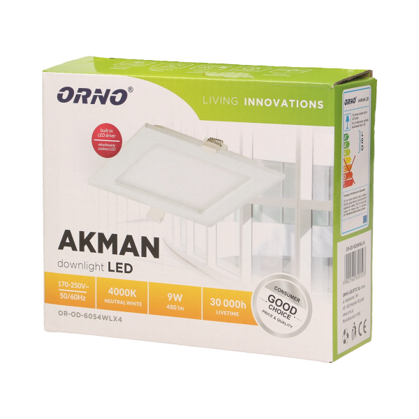 AKMAN LED 9W, oprawa downlight, podtynkowa, kwadratowa, 480lm, 4000K, biała, wbudowany zasilacz LED