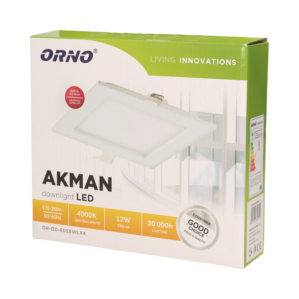 AKMAN LED 12W, oprawa downlight, podtynkowa, kwadratowa, 780lm, 4000K, biała, wbudowany zasilacz LED
