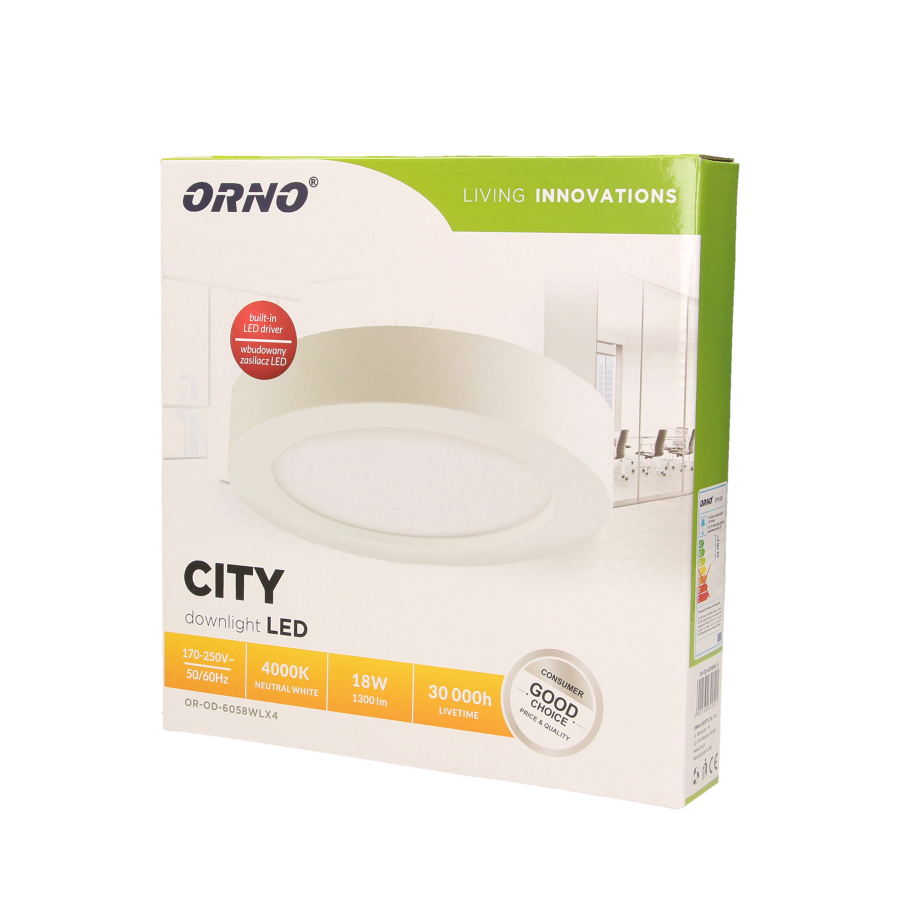CITY LED 18W, oprawa downlight, natynkowa, okrągła, 1300lm, 4000K, biała, wbudowany zasilacz LED