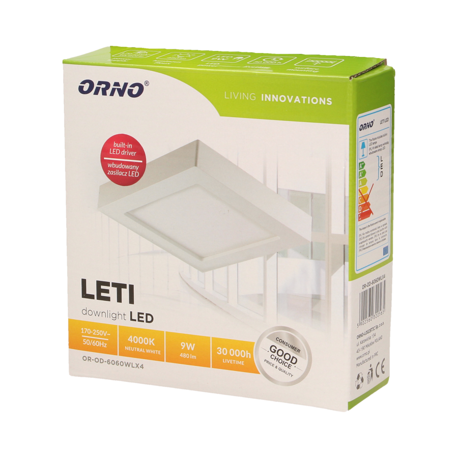 LETI LED 9W, oprawa downlight, natynkowa, kwadratowa, 480lm, 4000K, biała, wbudowany zasilacz LED