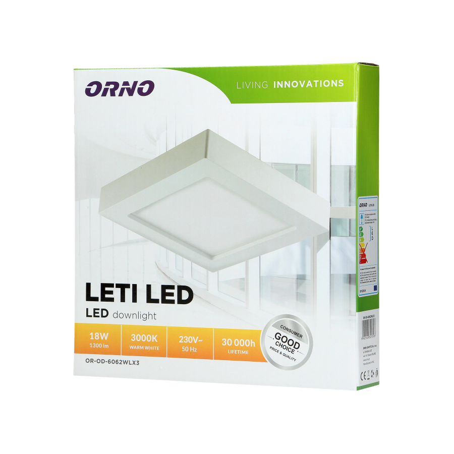 LETI LED 18W, oprawa downlight, natynkowa, kwadratowa, 1300lm, 3000K, biała, wbudowany zasilacz LED