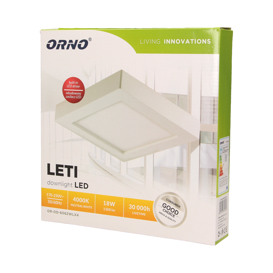 LETI LED 18W, oprawa downlight, natynkowa, kwadratowa, 1300lm, 4000K, biała, wbudowany zasilacz LED
