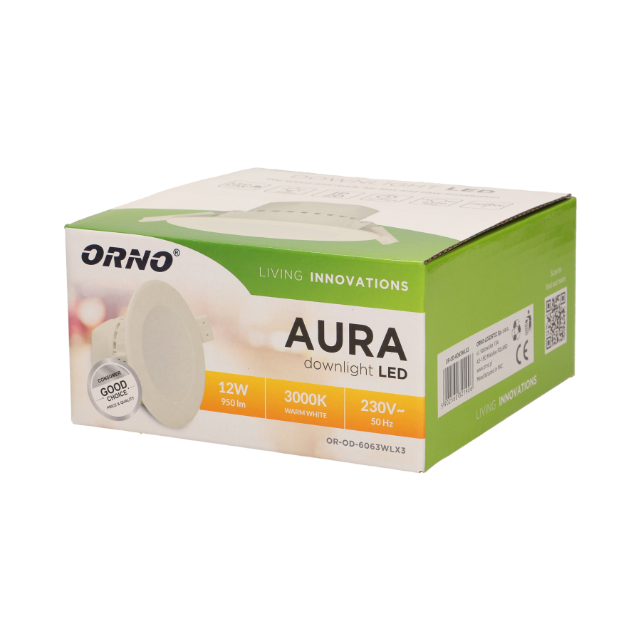 AURA LED 12W, oprawa downlight, podtynkowa, 950lm, 3000K, biała, wbudowany zasilacz LED