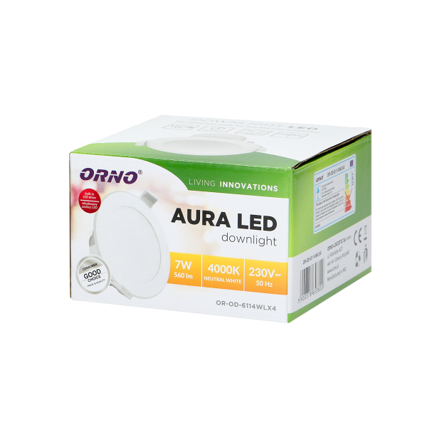 AURA LED 7W, oprawa downlight, podtynkowa, 560lm, 4000K, biała, wbudowany zasilacz LED