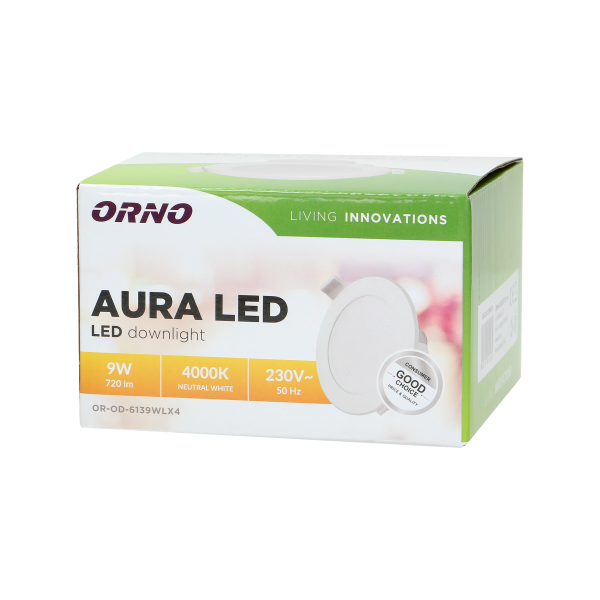 Downlight AURA LED, flush-mounted, 9W, 720lm, 4000K