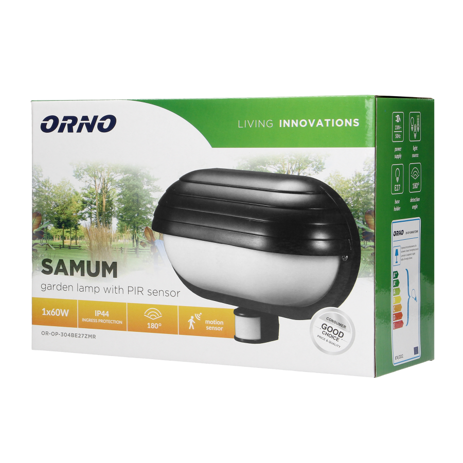 SAMUM, oprawa ogrodowa z czujnikiem ruchu 180st, 1x60W, E27, IP44, z przesłoną, plastik, czarna