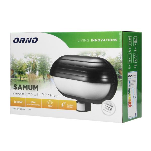 SAMUM garden lamp with 180° motion sensor and a screen , 1x60W, E27, IP44, plastic, black