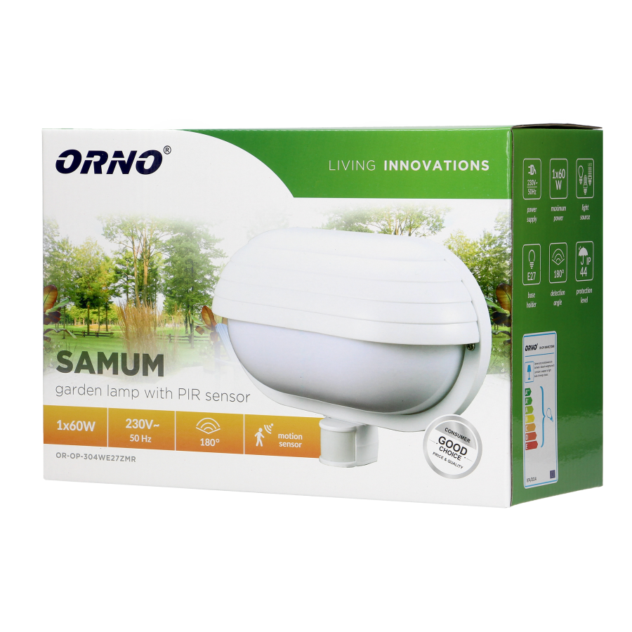 E27 garden lamp SAMUM with motion sensor, white