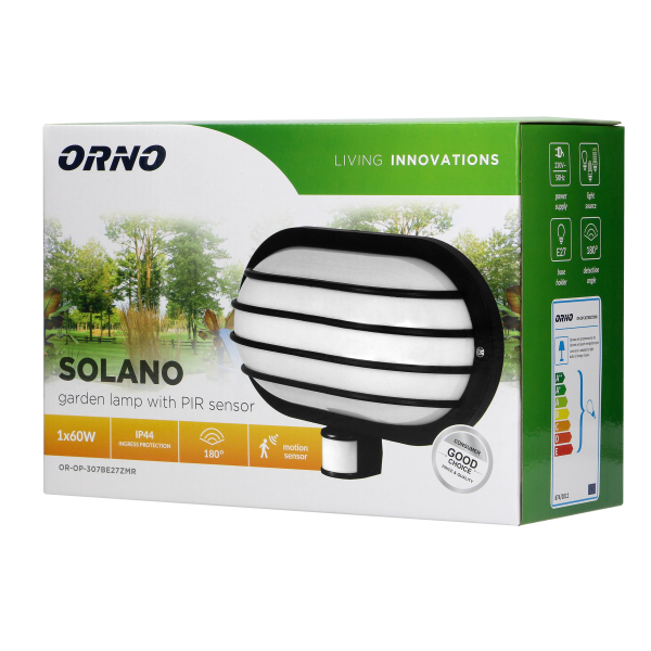 SOLANO, oprawa ogrodowa z czujnikiem ruchu 180st, 1x60W, E27, IP44, plastik, czarna