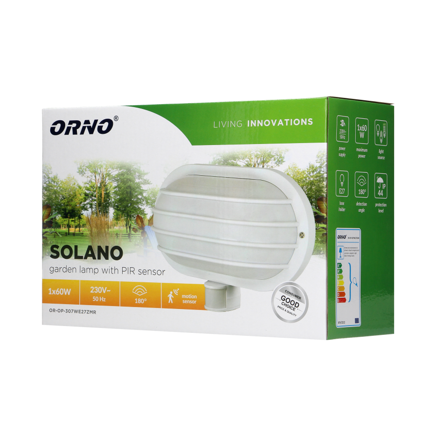SOLANO, oprawa ogrodowa z czujnikiem ruchu 180st, 1x60W, E27, IP44, plastik, biała