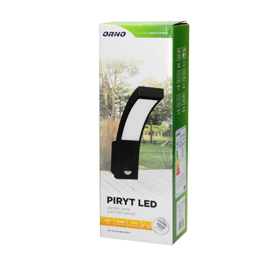 PIRYT LED 10W, oprawa ogrodowa z czujnikiem ruchu 140st, 850lm, IP54, 4000K, czarna