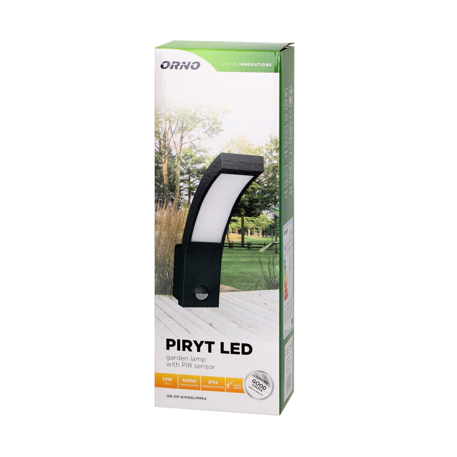 PIRYT LED 10W, oprawa ogrodowa z czujnikiem ruchu 140°, 850lm, IP54, 4000K, szara