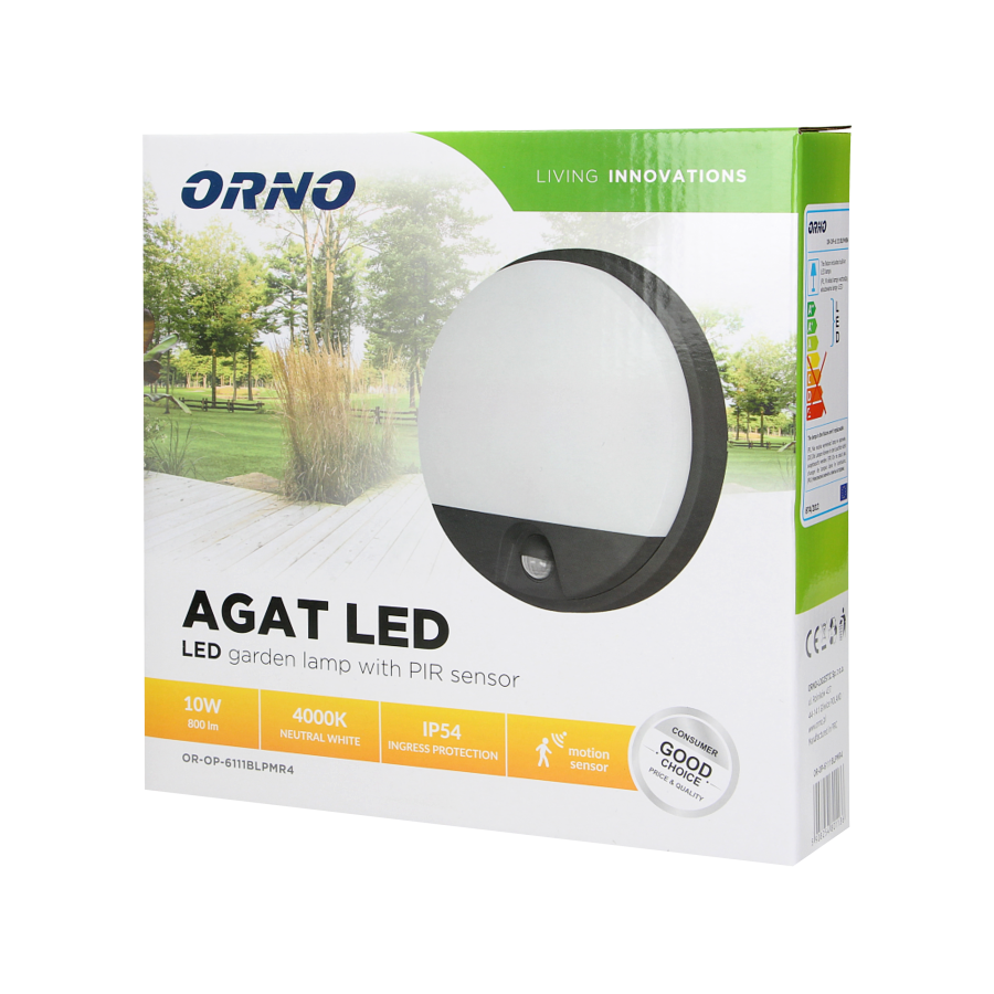 AGAT LED 10W, oprawa ogrodowa z czujnikiem ruchu, 140st, 800lm, IP54, 4000K, czarna