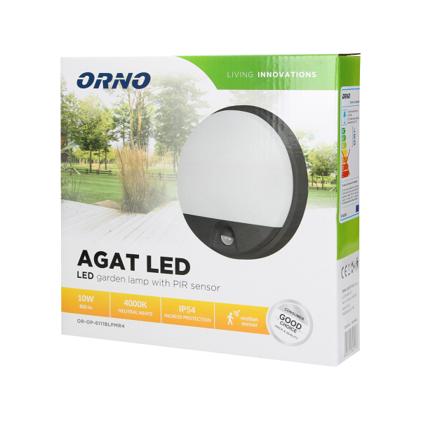 AGAT LED 10W, oprawa ogrodowa z czujnikiem ruchu, 140st, 800lm, IP54, 4000K, czarna