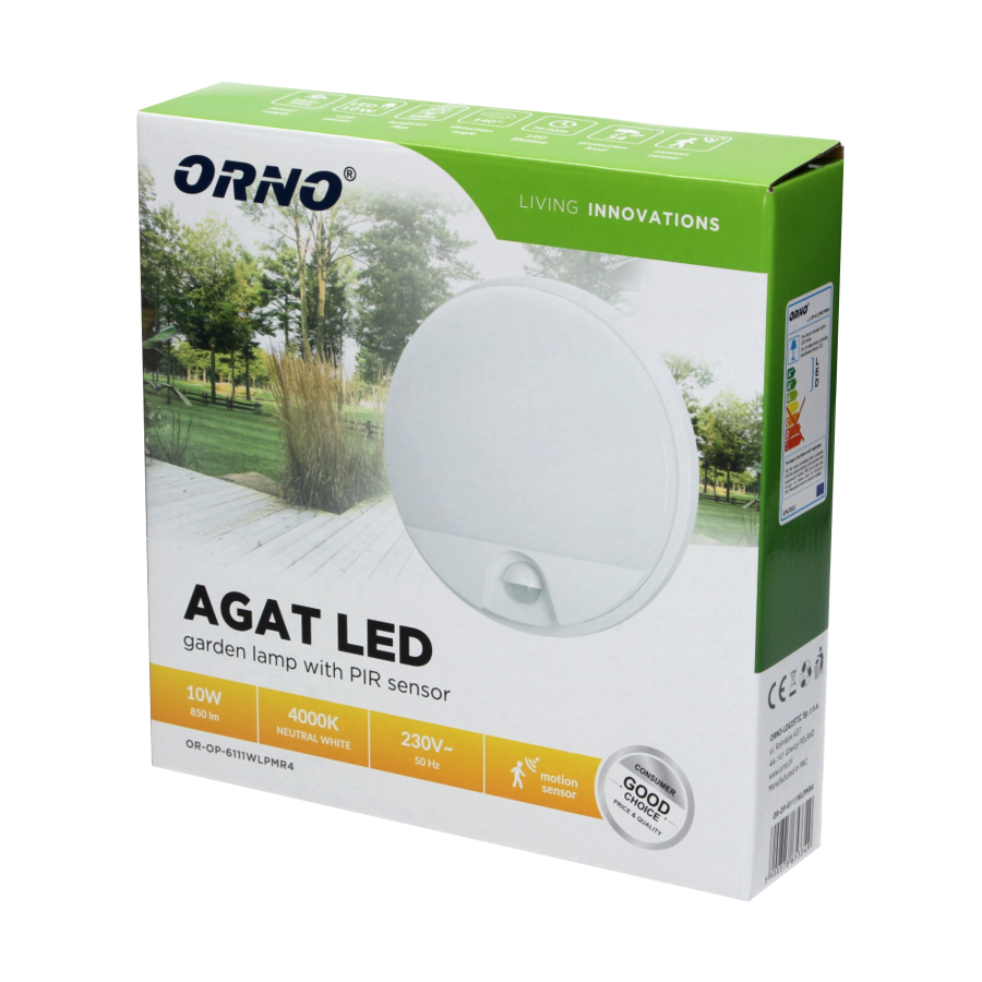 AGAT LED 10W, oprawa ogrodowa z czujnikiem ruchu 140°, 800lm, IP54, 4000K, biała