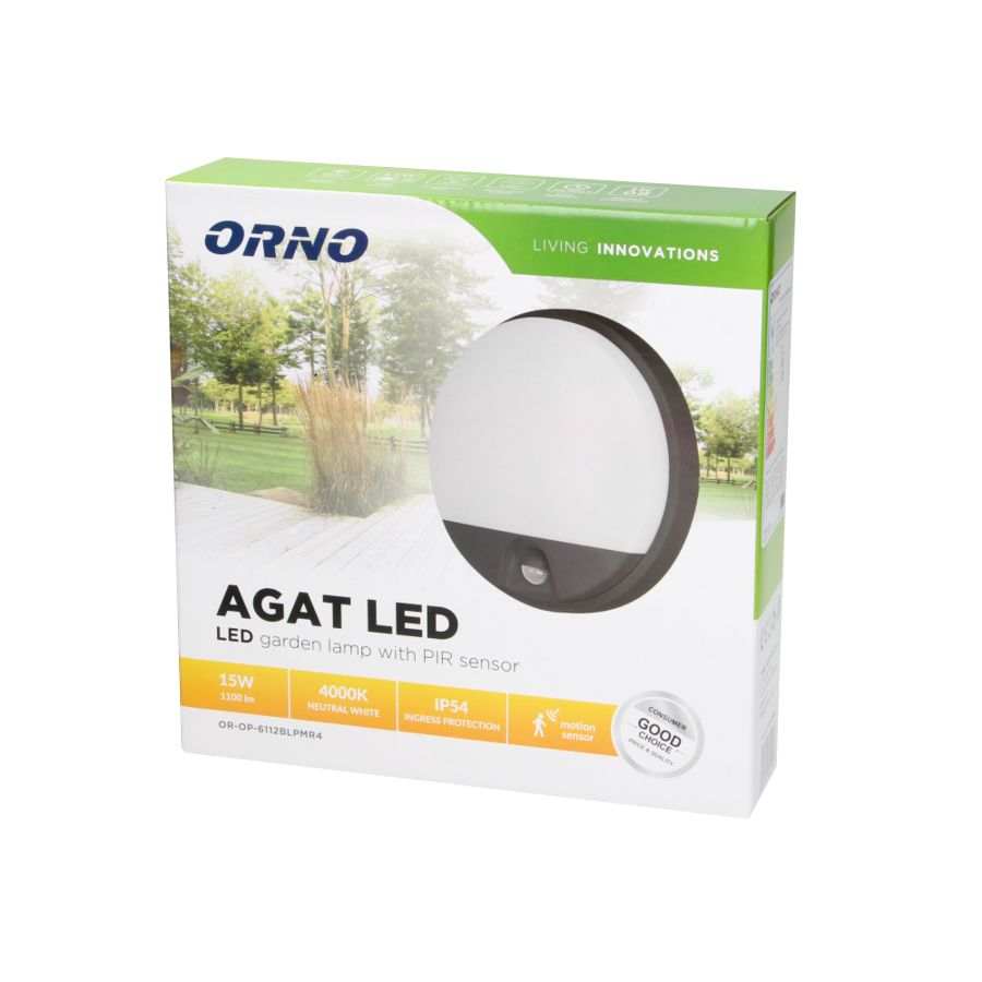 AGAT LED 15W, oprawa ogrodowa z czujnikiem ruchu, 140st, 1100lm, IP54, 4000K, czarna