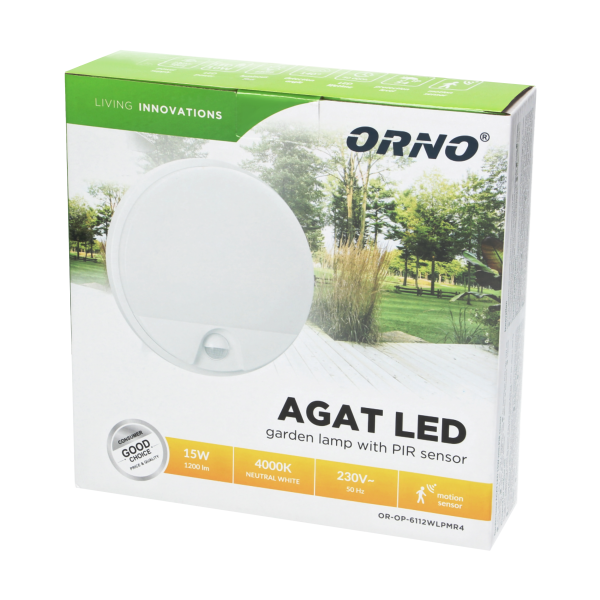 AGAT LED 15W, oprawa ogrodowa z czujnikiem ruchu 140st, 1100lm, IP54, 4000K, biała