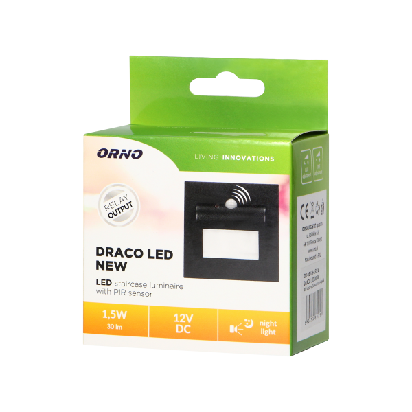 DRACO LED NEW 1,5W, oprawa schodowa podtynkowa, 12VDC, 30lm, 3000K, czarny, czujnik ruchu i zmierzchu
