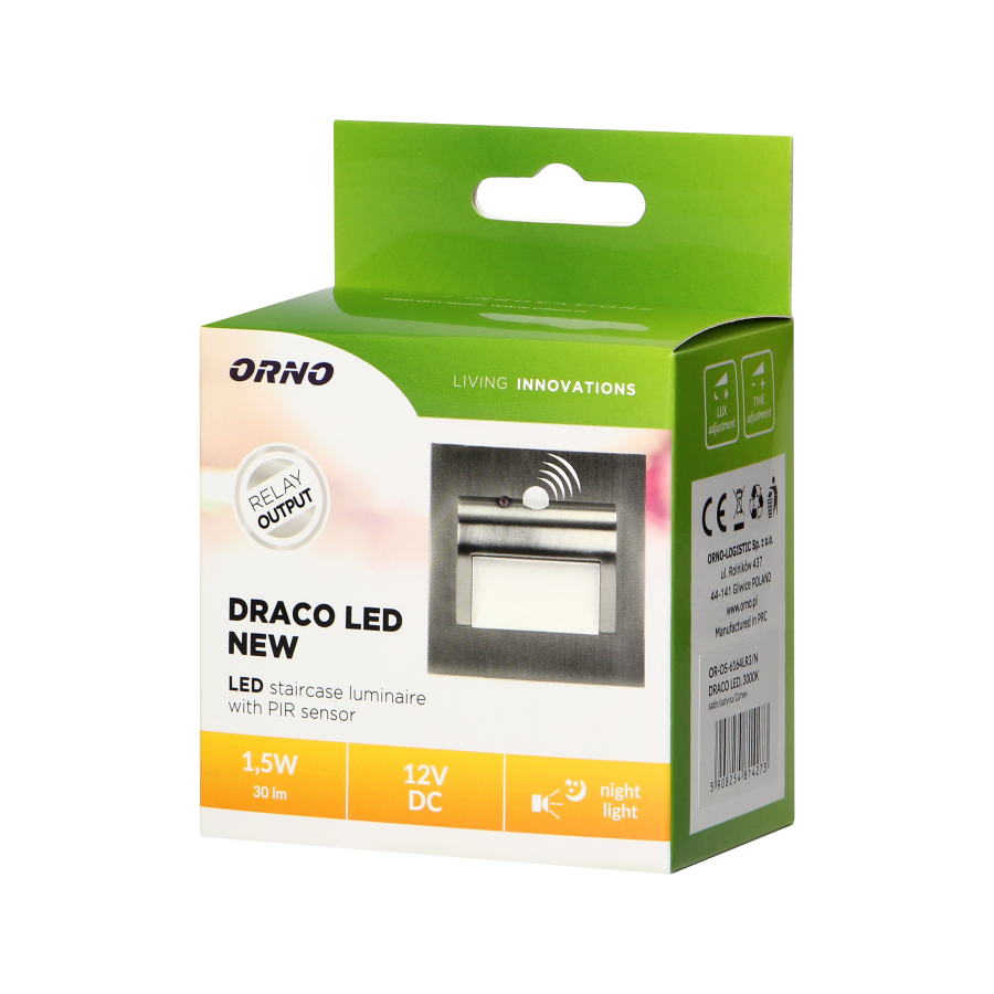 DRACO LED NEW 1.5W, flush-mounted staircase luminaire, 12VDC, 30lm, 3000K, satin, twilight and motion sensor