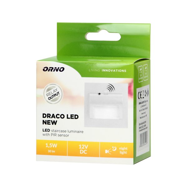 DRACO LED NEW 1.5W, flush-mounted staircase luminaire, 12VDC, 30lm, 6000K, white, twilight and motion sensor