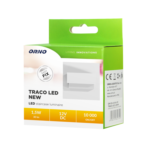 TRACO LED 1.5W staircase light fitting, 12VDC, 30lm, 6000K, white