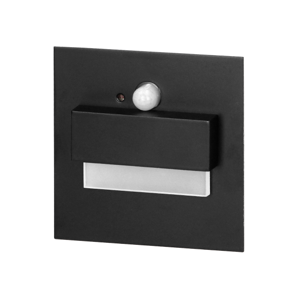TRACO LED 1.5W, flush-mounted staircase luminaire, 12VDC, 30lm, 3000K, black, twilight and motion sensor