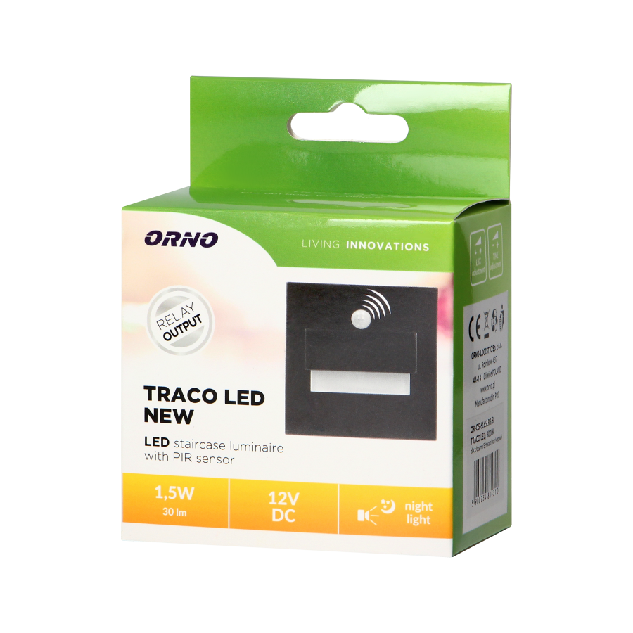 TRACO LED 1.5W, flush-mounted staircase luminaire, 12VDC, 30lm, 3000K, black, twilight and motion sensor