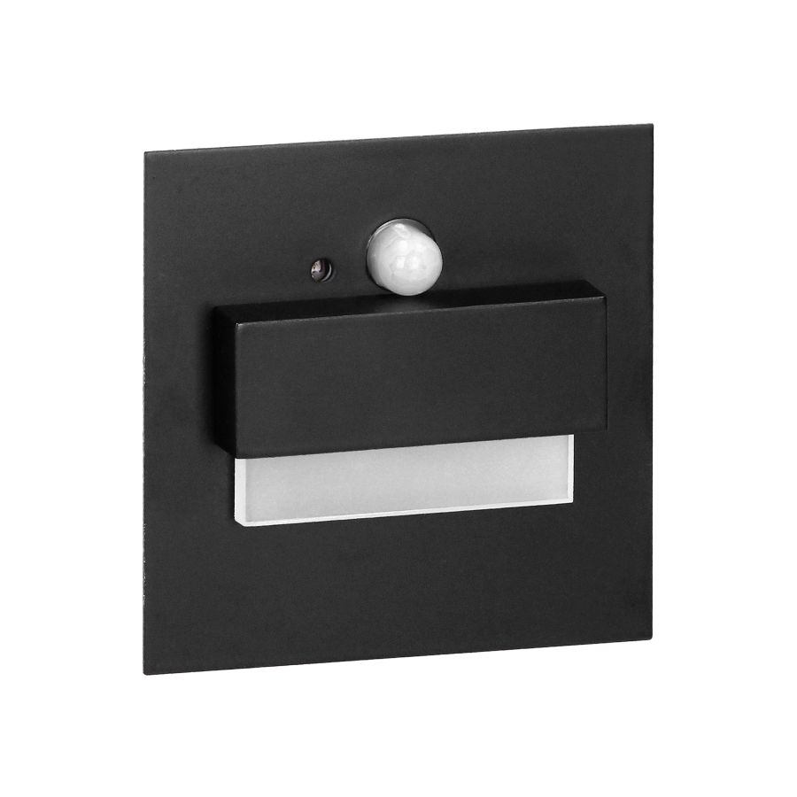 TRACO LED 1.5W, flush-mounted staircase luminaire, 12VDC, 30lm, 3000K, black, twilight and motion sensor