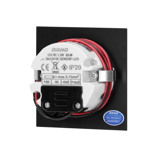 TRACO LED 1,5W, oprawa schodowa podtynkowa, 12VDC, 30lm, 3000K, czarny, czujnik ruchu i zmierzchu