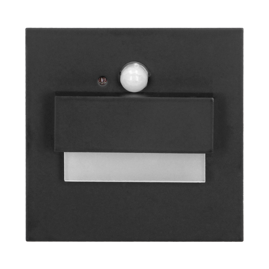 TRACO LED 1.5W, flush-mounted staircase luminaire, 12VDC, 30lm, 6000K, black, twilight and motion sensor