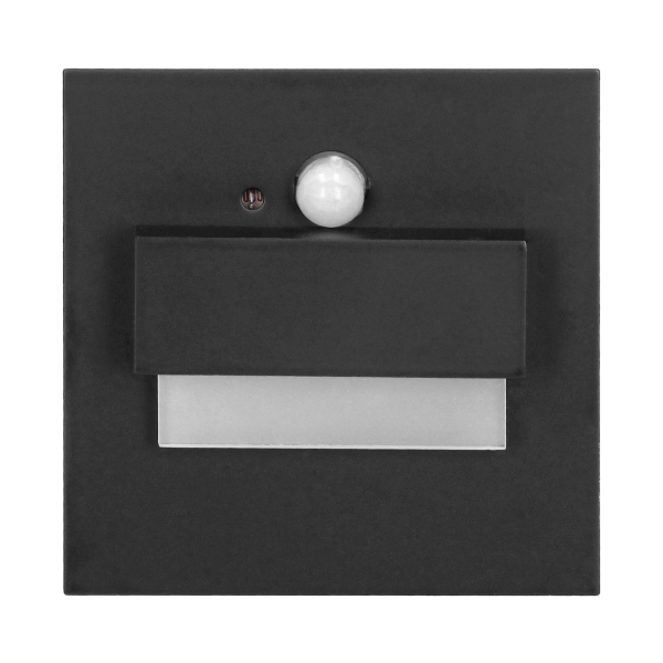 TRACO LED 1.5W, flush-mounted staircase luminaire, 12VDC, 30lm, 6000K, black, twilight and motion sensor