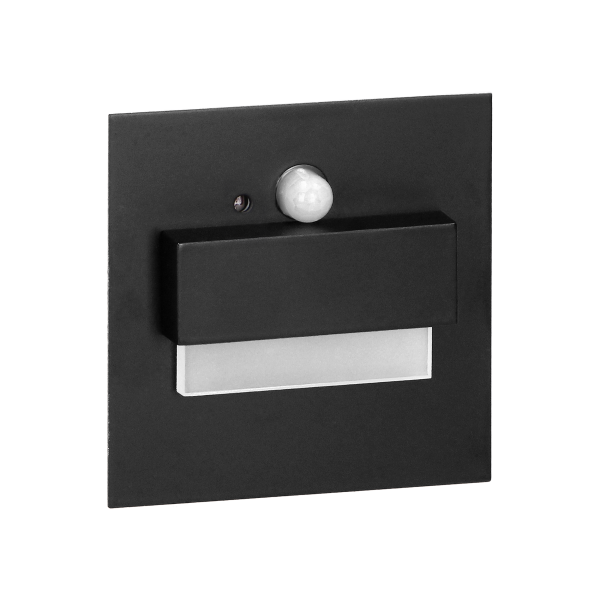 TRACO LED 1.5W, flush-mounted staircase luminaire, 12VDC, 30lm, 6000K, black, twilight and motion sensor