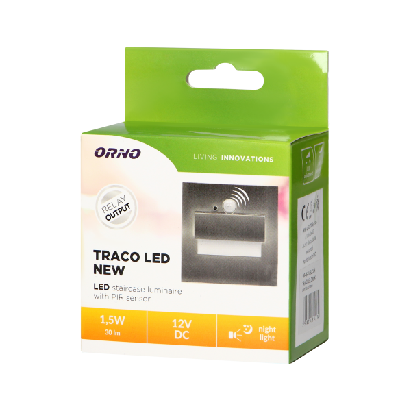 TRACO LED 1,5W, oprawa schodowa podtynkowa, 12VDC, 30lm, 6000K, satyna, czujnik ruchu i zmierzchu