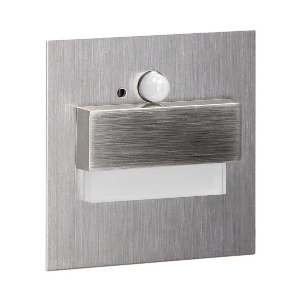 TRACO LED 1.5W, flush-mounted staircase luminaire, 12VDC, 30lm, 6000K, satin, twilight and motion sensor