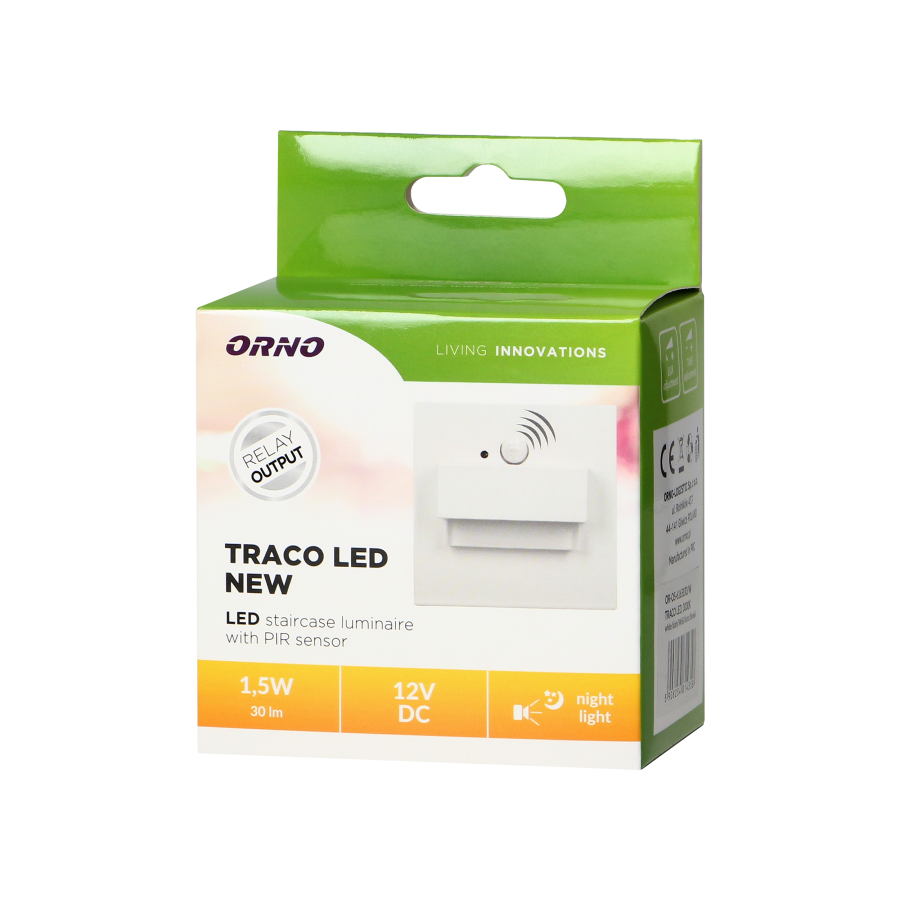 TRACO LED 1,5W, oprawa schodowa podtynkowa, 12VDC, 30lm, 6000K, biała, czujnik ruchu i zmierzchu