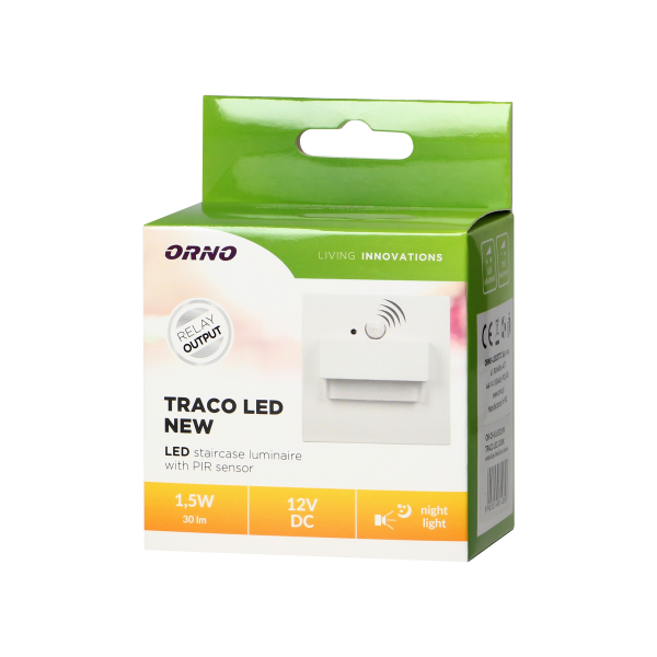 TRACO LED 1,5W, oprawa schodowa podtynkowa, 12VDC, 30lm, 6000K, biała, czujnik ruchu i zmierzchu