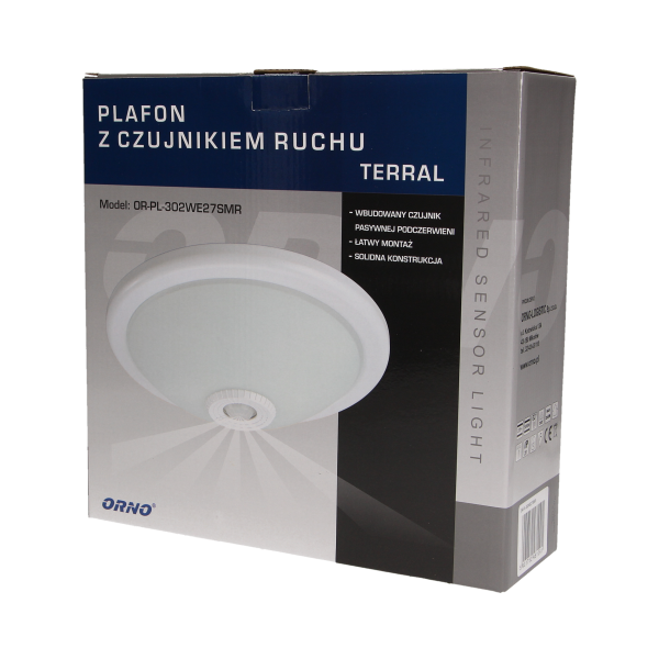 TERRAL, plafon oświetleniowy z czujnikiem ruchu 360st, 2x40W, E27, IP20, szkło matowe