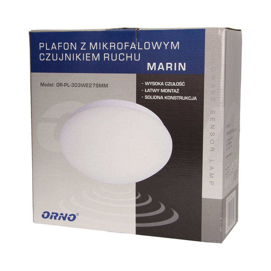 MARIN, plafon oświetleniowy z mikrofalowym czujnikiem ruchu, 60W, E27, IP20, szkło matowe