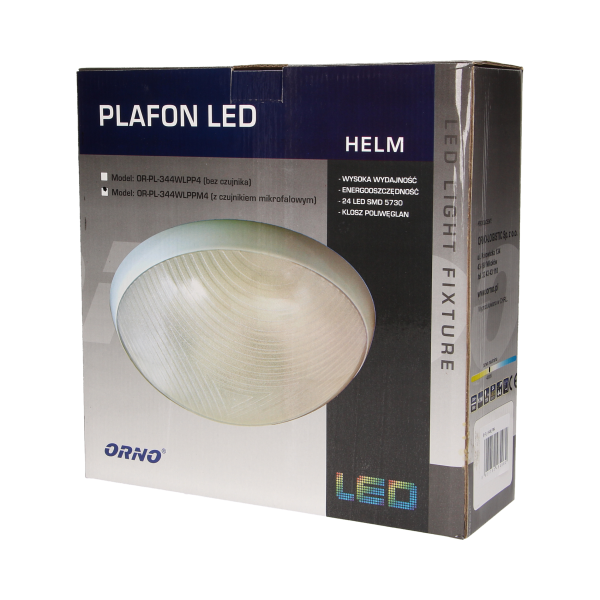 HELM LED 12W, plafon z mikrofalowym czujnikiem ruchu, 1150lm, IP44, 4000K, poliwęglan przeźroczysty, biały