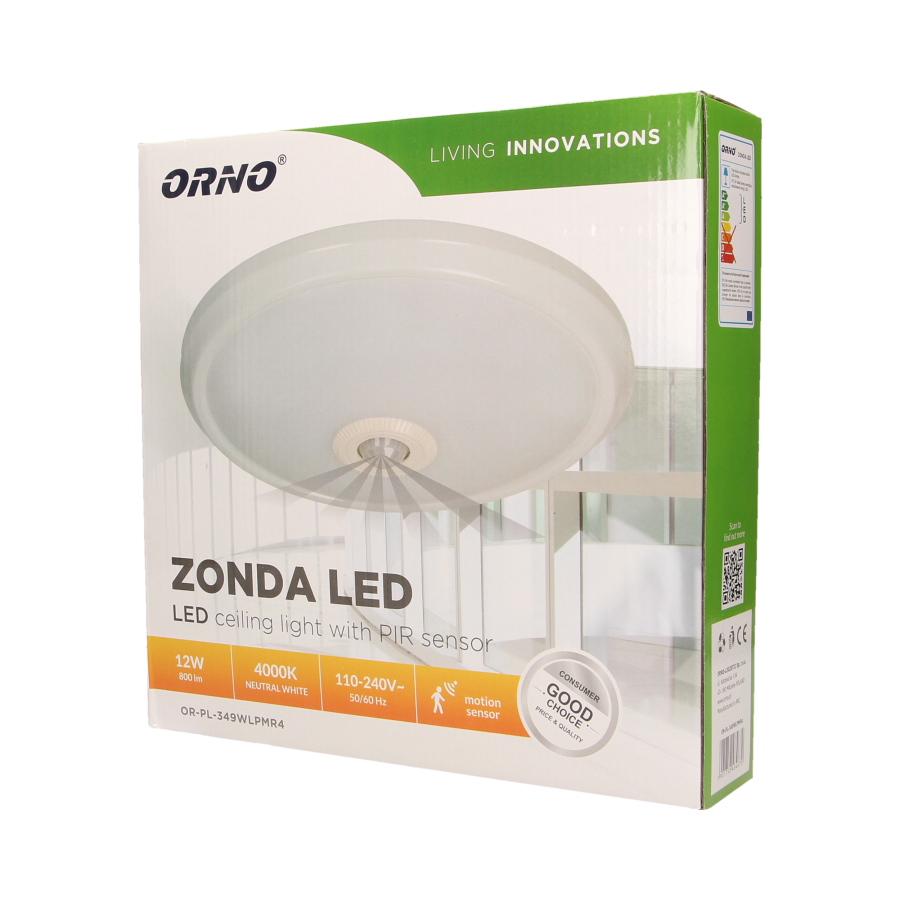 ZONDA LED 12W, plafon z czujnikiem ruchu, 800lm, IP20, 4000K, poliwęglan mleczny, biały
