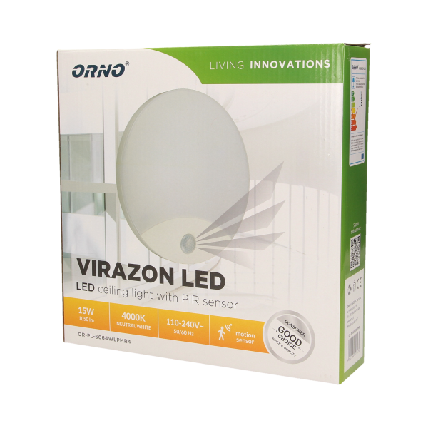 VIRAZON LED 15W, plafon z czujnikiem ruchu, 1050lm, IP44, 4000K, poliwęglan mleczny, biały