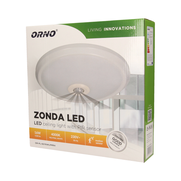 ZONDA LED 16W, plafon z czujnikiem ruchu, 1100lm, IP20, 4000K, poliwęglan mleczny, biały