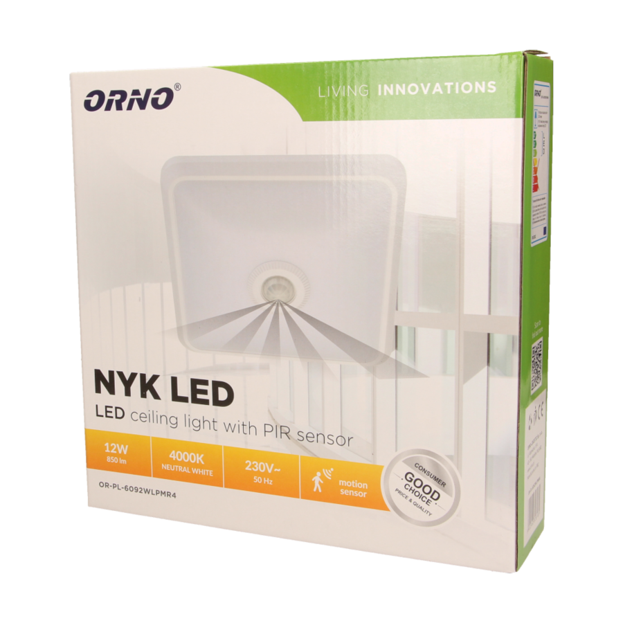 NYK LED 12W, plafon z czujnikiem ruchu, 850lm, IP20, 4000K, poliwęglan mleczny, biały