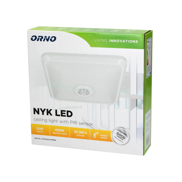 NYK LED 16W, plafon z czujnikiem ruchu, 1150lm, IP20, 4000K, poliwęglan mleczny, biały