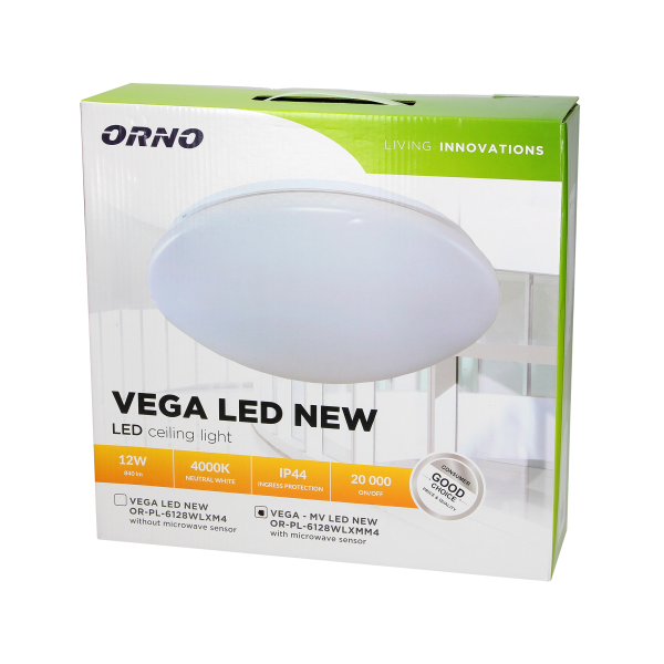 VEGA - MV LED NEW 12W plafon oświetleniowy z mikrofalowym czujnikiem ruchu, 840lm, IP44, 4000K, PMMA+stal