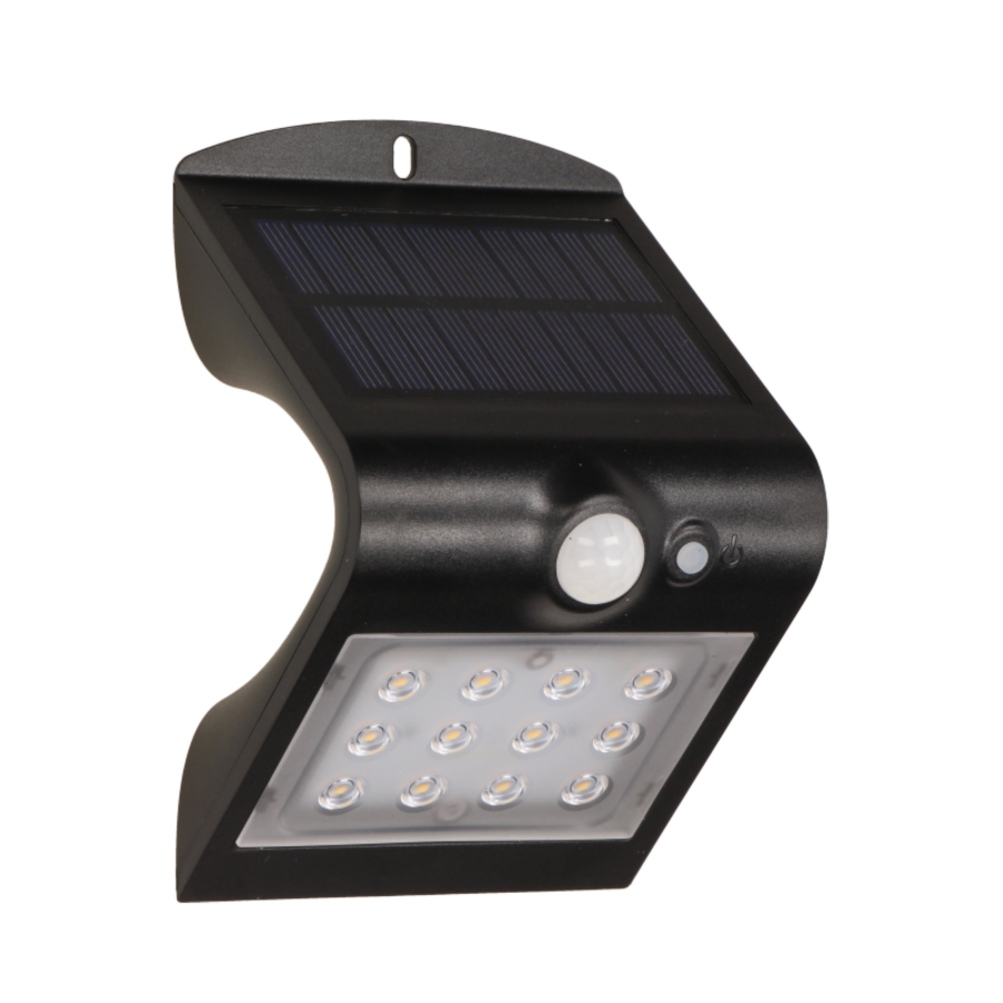 SILOE LED 1,5W, lampa solarna z czujnikiem ruchu 120st, 190lm, IP65, 4000K, 1200mAh, podwójne źródło światła, czarna