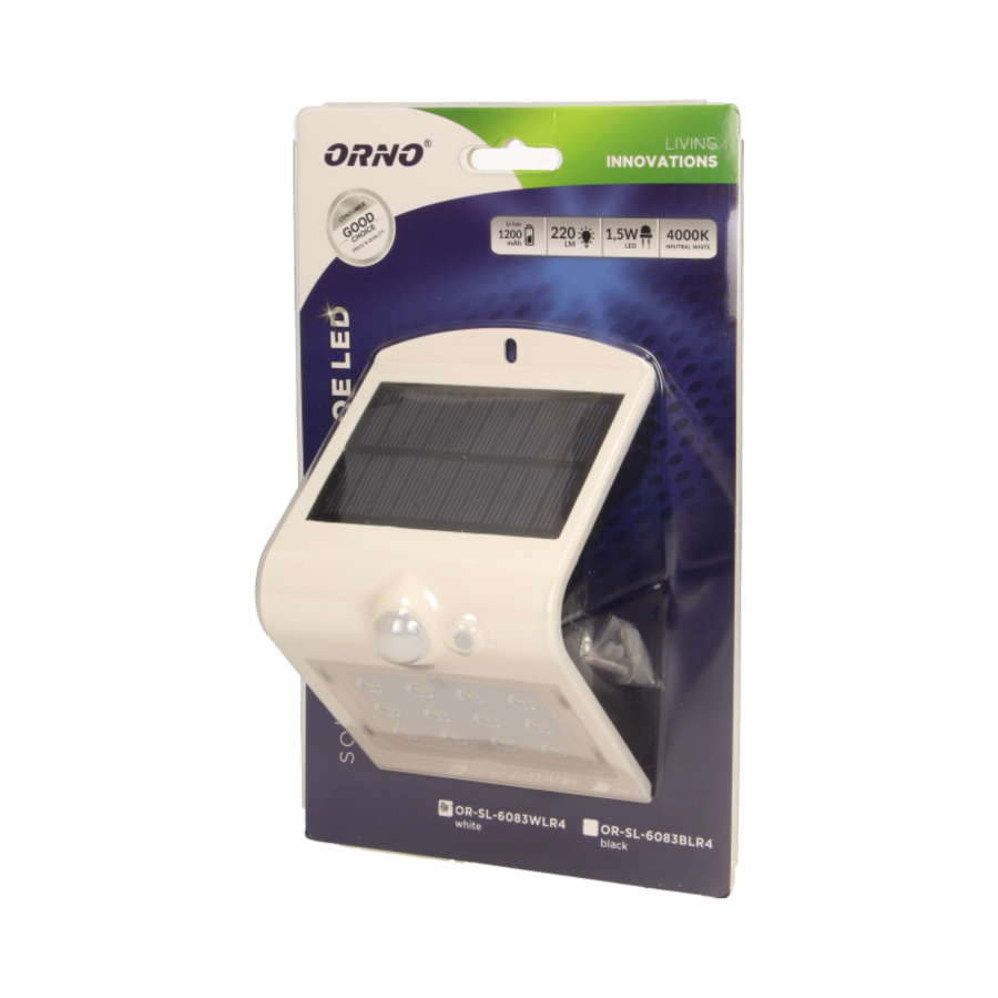 SILOE LED 1,5W, lampa solarna z czujnikiem ruchu 120st, 190lm, IP65, 4000K, 1200mAh, podwójne źródło światła, biała